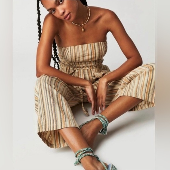 Free People stripe combo Roaming Shores beachy romper strapless jumpsuit size S - Picture 3 of 6